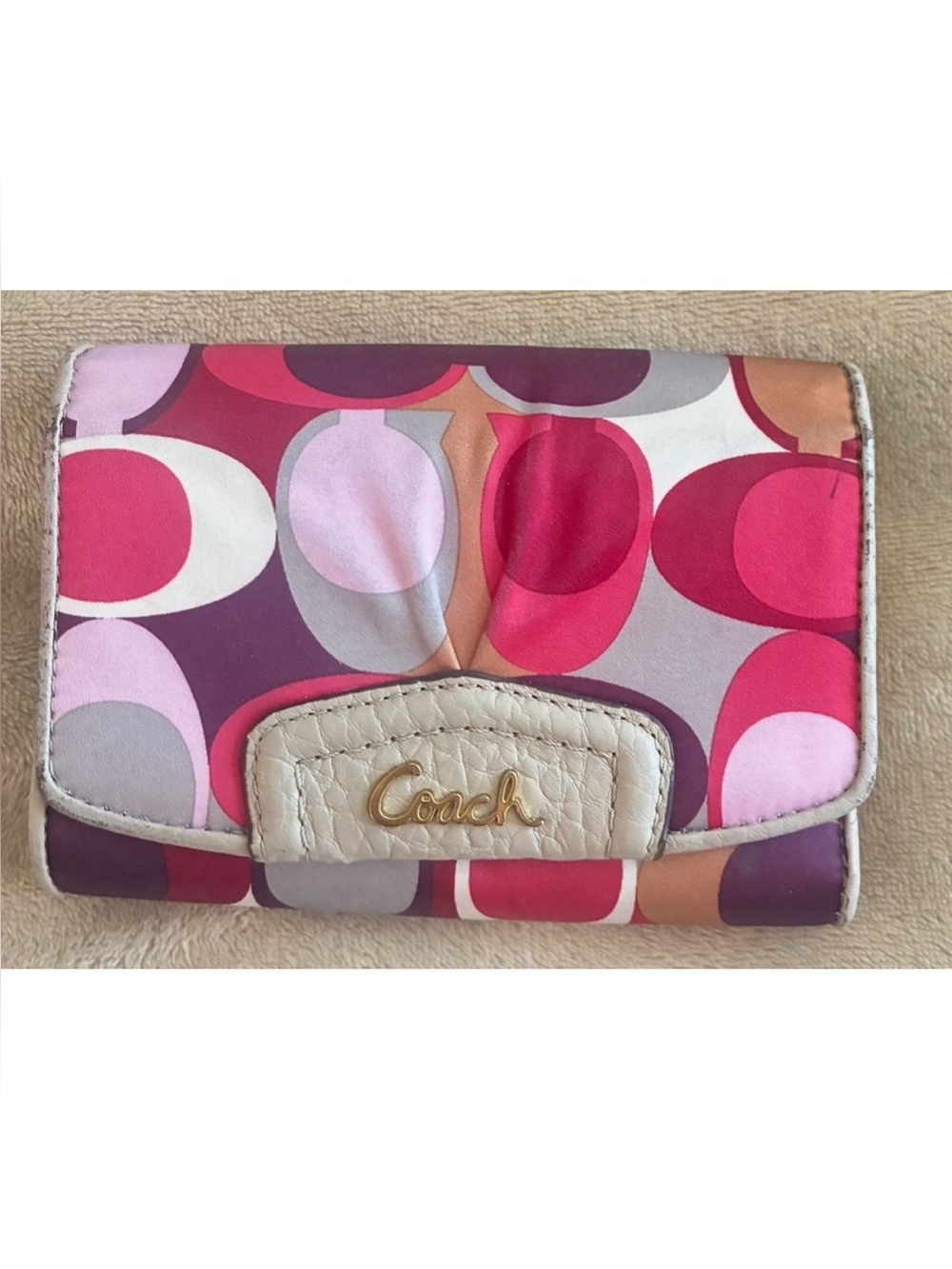 Coach Multicolor Circle Print Wallet with Cream Trim and Gold Logo